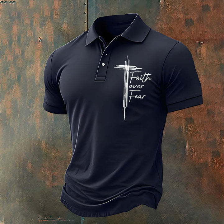 Christianartworkshop Men's Retro Faith"Faith Over Fear"Casual Printed Polo Shirt - Navy Blue - 4XL - image 3