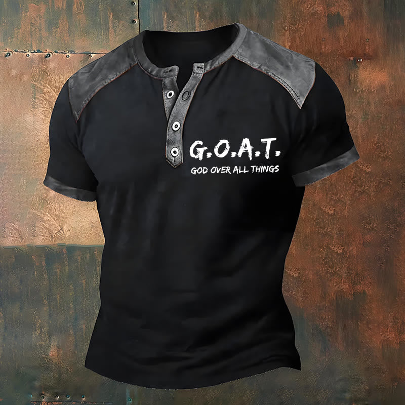 Christianartworkshop Men's Faith "Goat God Over All Things" Print Henley Neck T-Shirt - Grey - 4XL - image 2