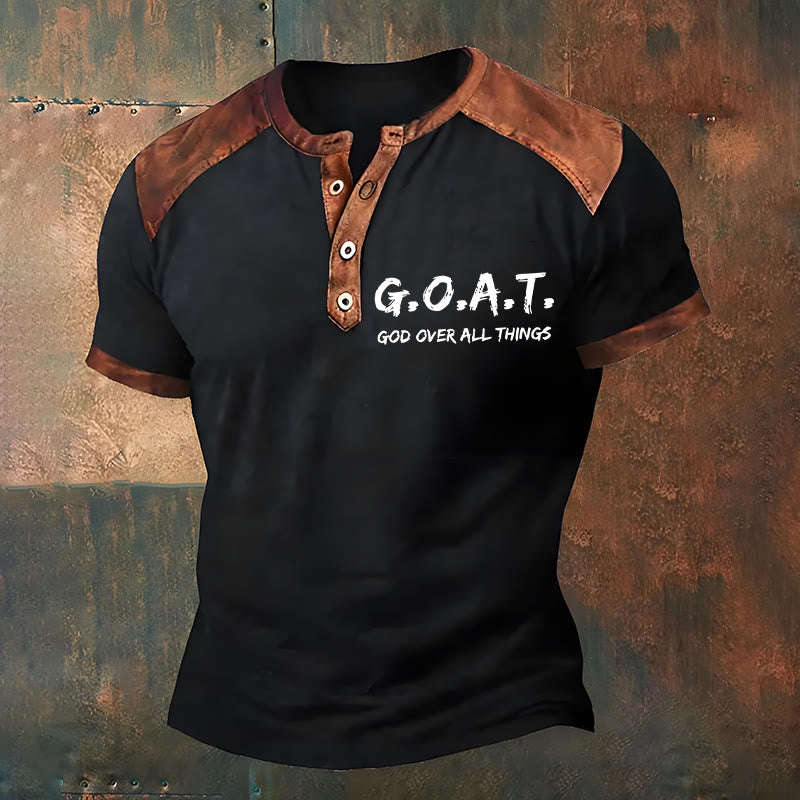 Christianartworkshop Men's Faith "Goat God Over All Things" Print Henley Neck T-Shirt - Brown - 4XL - image 1