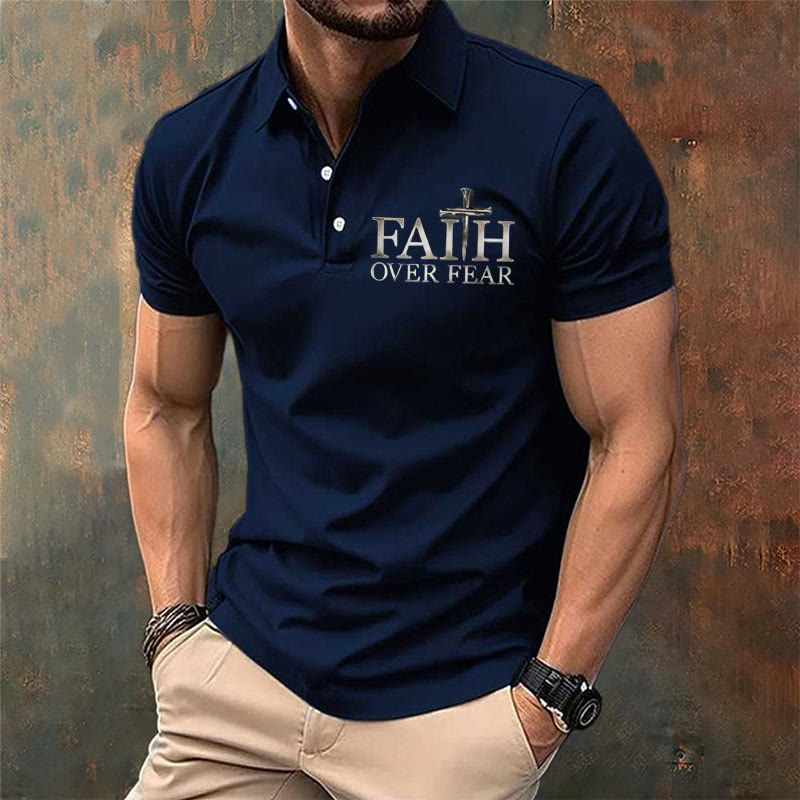 Christianartworkshop Men's Retro Faith"Faith Over Fear"Casual Printed Polo Shirt - image 2