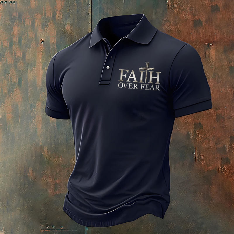 Christianartworkshop Men's Retro Faith"Faith Over Fear"Casual Printed Polo Shirt - Navy Blue - 4XL - image 1