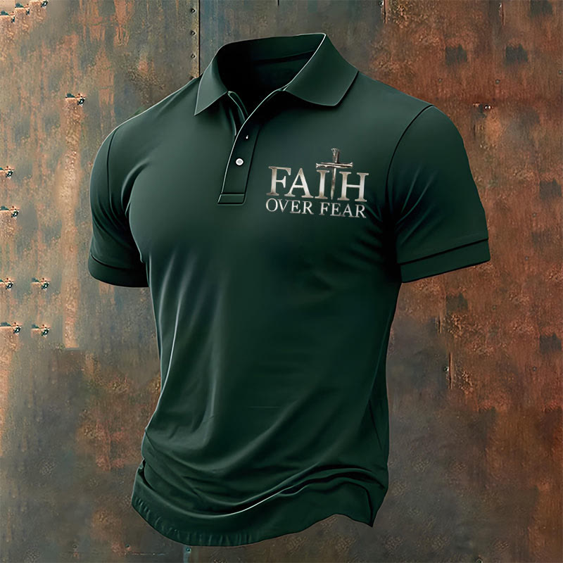 Christianartworkshop Men's Retro Faith"Faith Over Fear"Casual Printed Polo Shirt - Green - 4XL - image 5