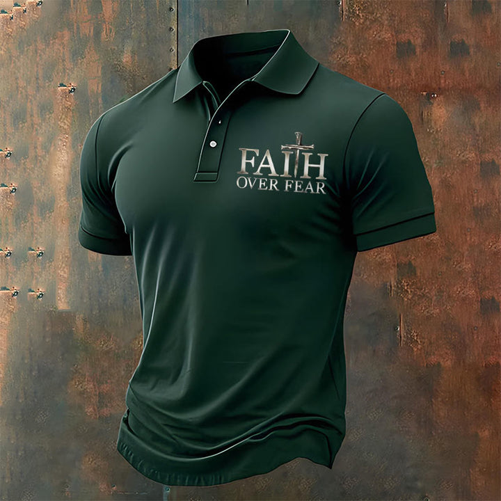 Christianartworkshop Men's Retro Faith"Faith Over Fear"Casual Printed Polo Shirt - Green - 4XL - image 5