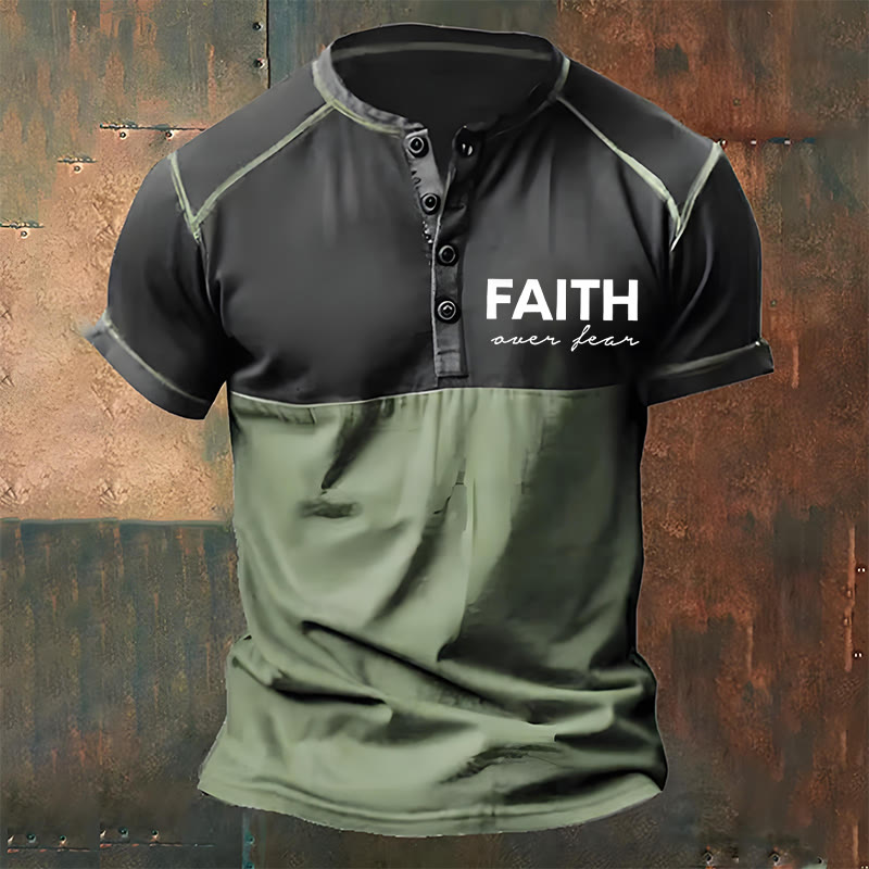 Christianartworkshop Men's Faith Print Henley Neck T-Shirt - Green - 4XL - image 2
