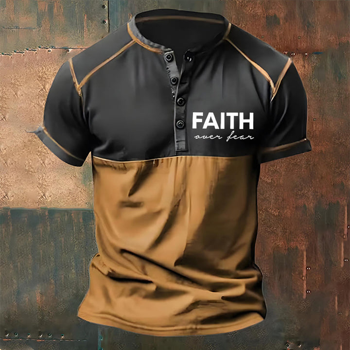 Christianartworkshop Men's Faith Print Henley Neck T-Shirt - Brown - 4XL - image 3