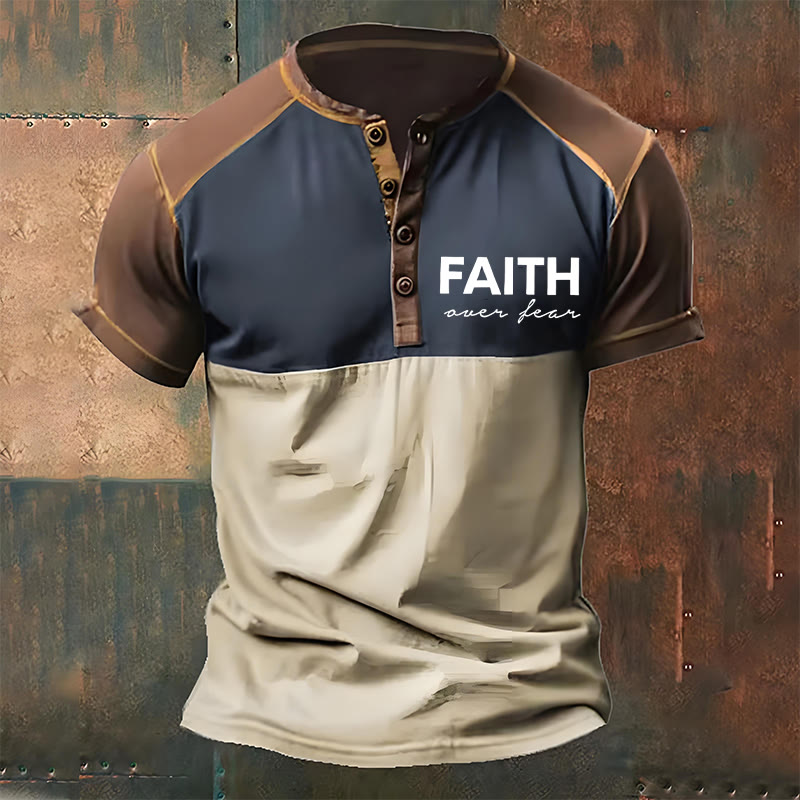 Christianartworkshop Men's Faith Print Henley Neck T-Shirt - Khaki - 4XL - image 1