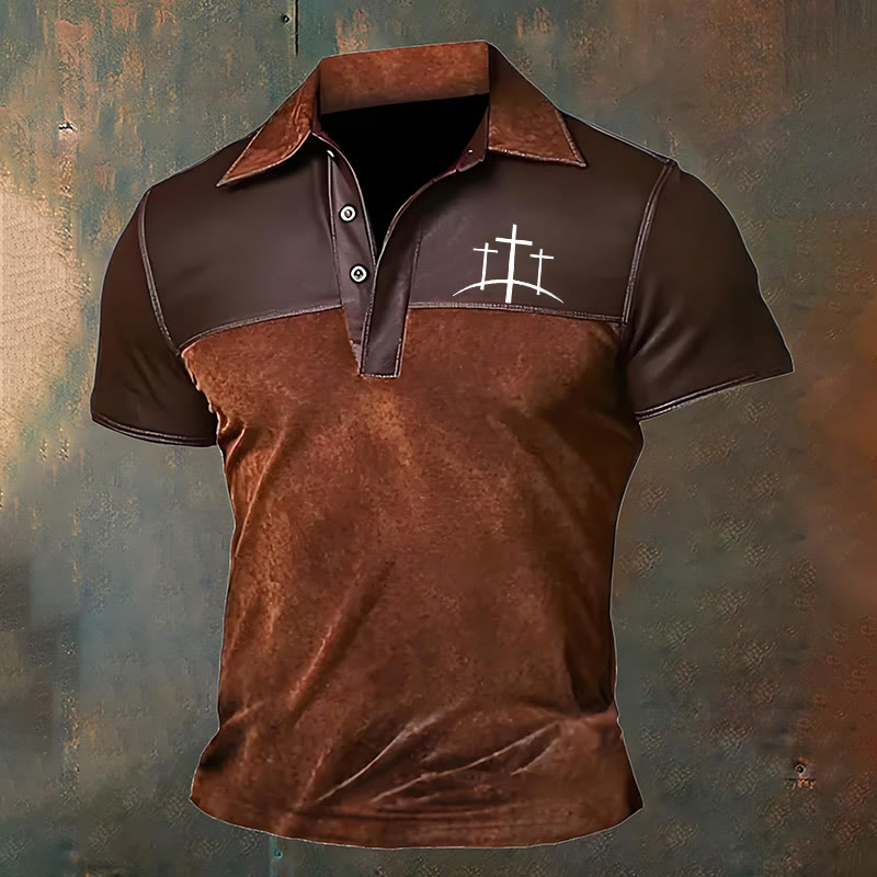 Christianartworkshop Men's Retro Faith Design Lapel Short Sleeve Polo Shirt - Brown - 4XL - image 1