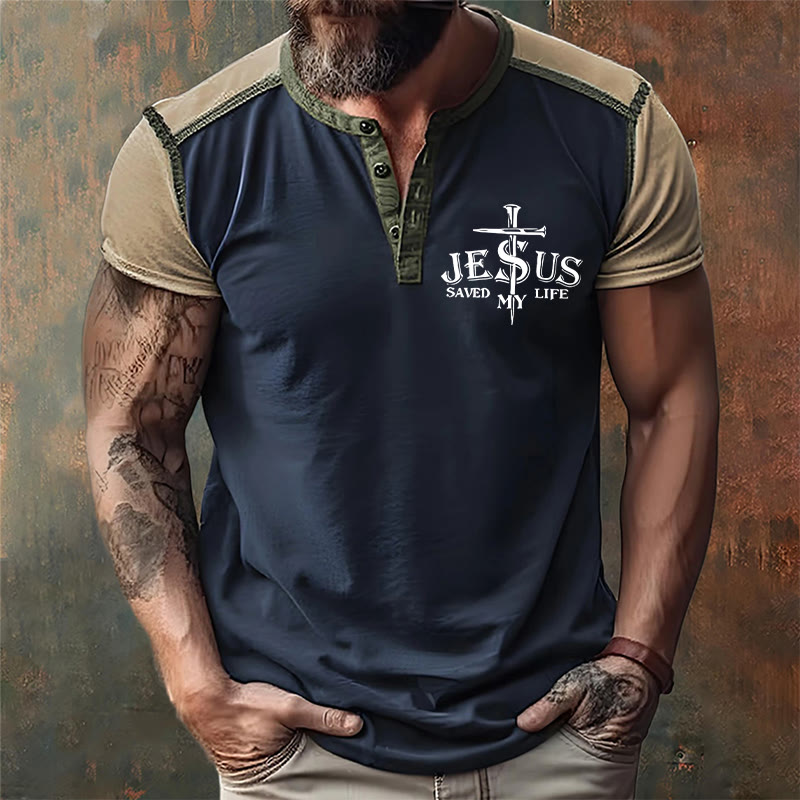 Christianartworkshop Men's Faith with Cross Print Henley Neck T-Shirt - image 2