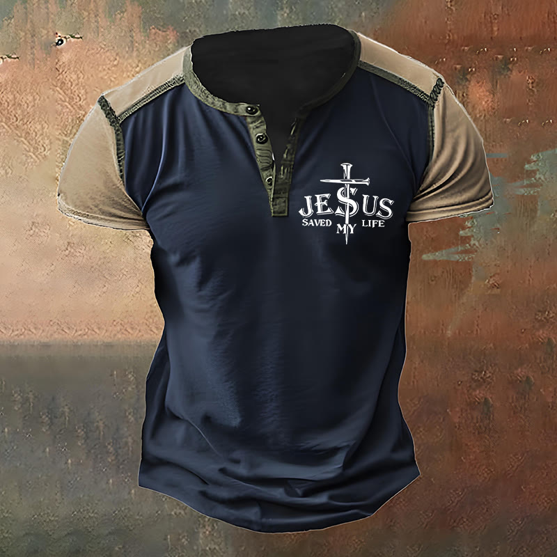 Christianartworkshop Men's Faith with Cross Print Henley Neck T-Shirt - Navy Blue - 4XL - image 1