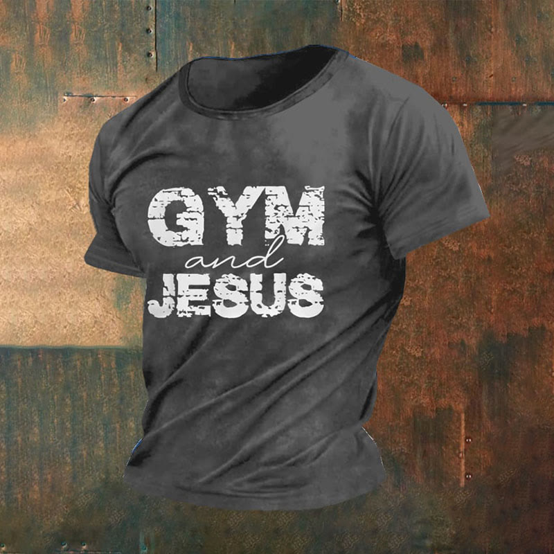 Christianartworkshop Men's Retro Gym And Faith Print Casual Round Neck T-Shirt - Grey - 4XL - image 1