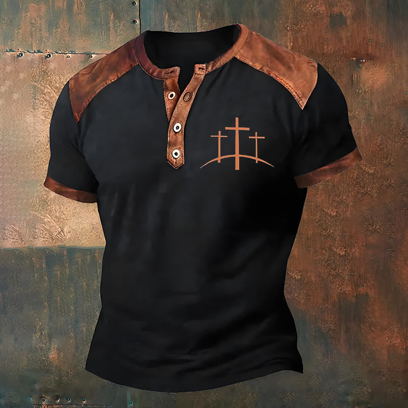 Christianartworkshop Men's Divine Trinity Cross Henley Neck T-Shirt - image 2
