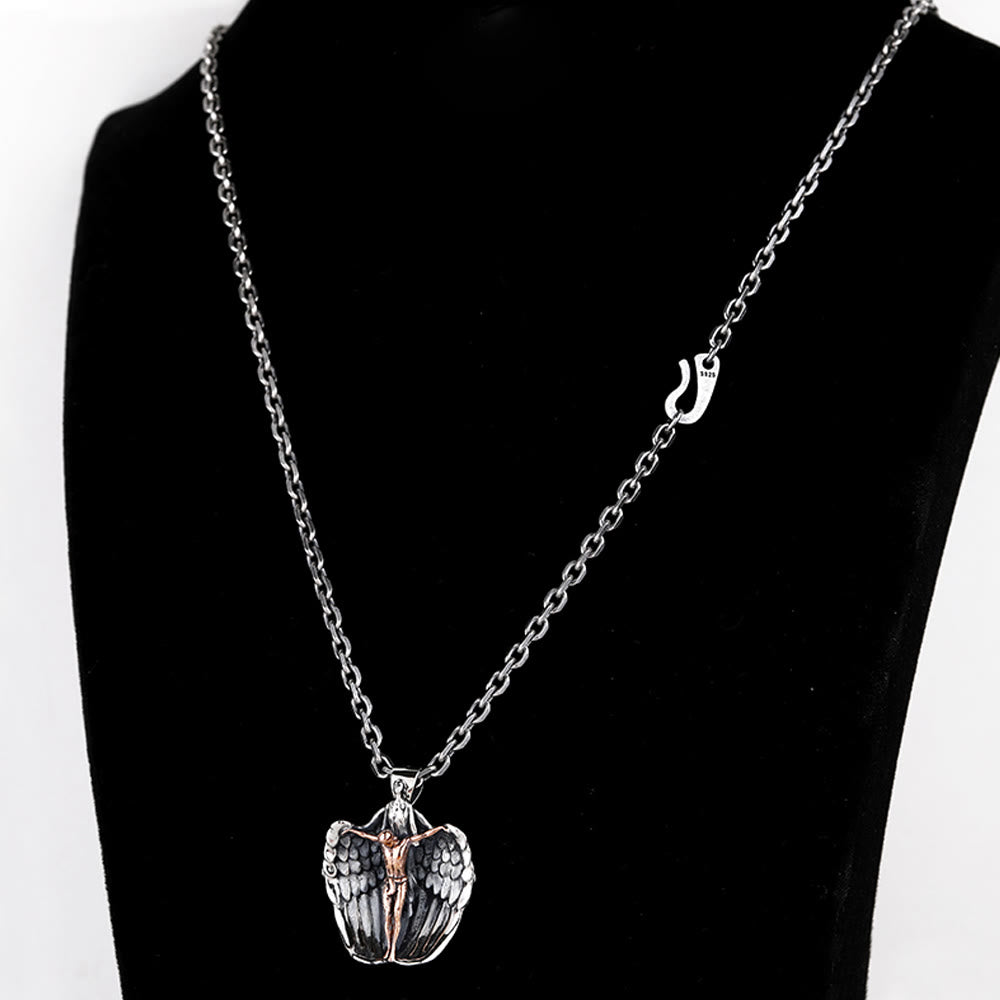 Christianartworkshop 925 Sterling Silver Crucifix with Angel Wings Vintage Necklace: Distinctive Emblem of Divine Grace - image 4