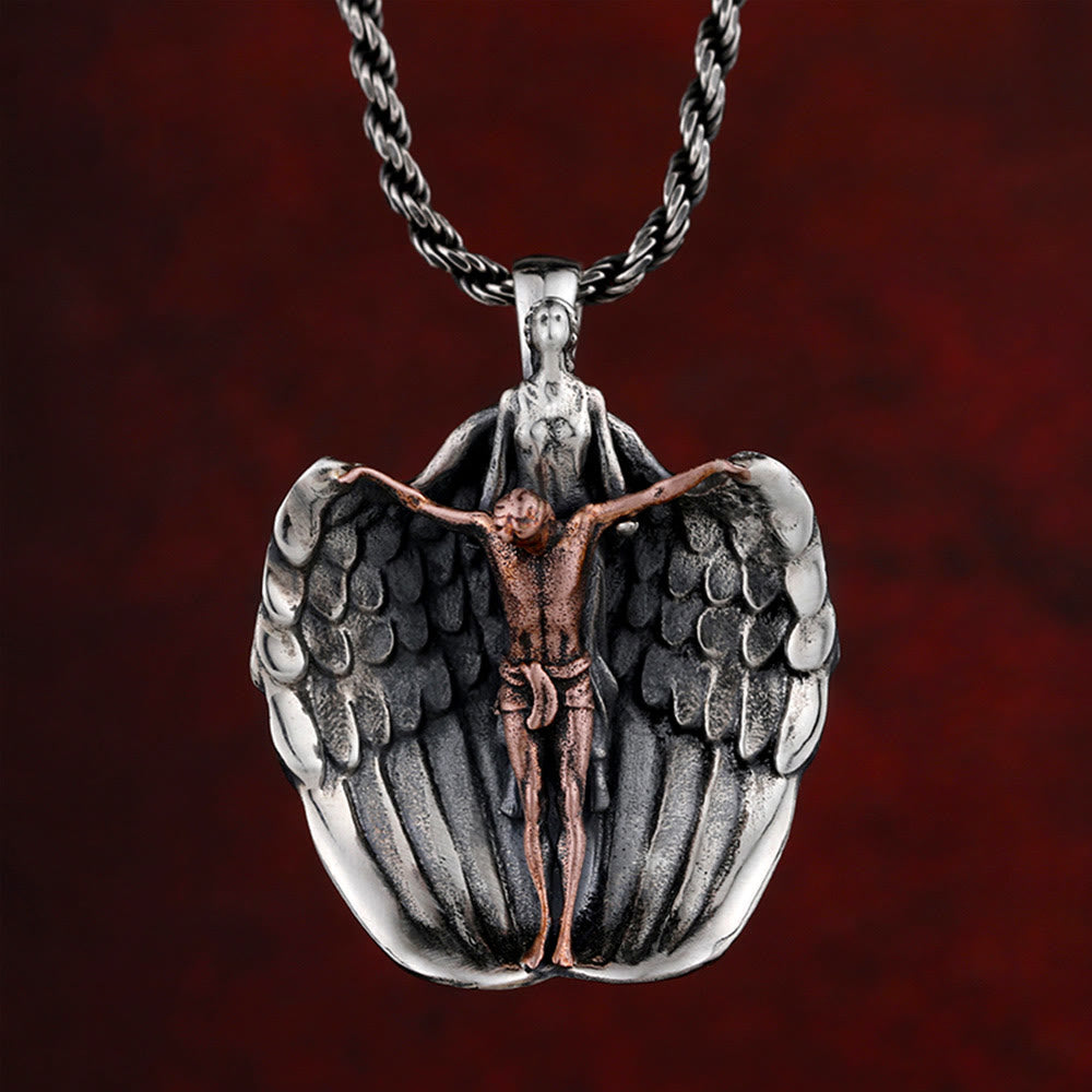 Christianartworkshop 925 Sterling Silver Crucifix with Angel Wings Vintage Necklace: Distinctive Emblem of Divine Grace - 925 Sterling Silver - image 1