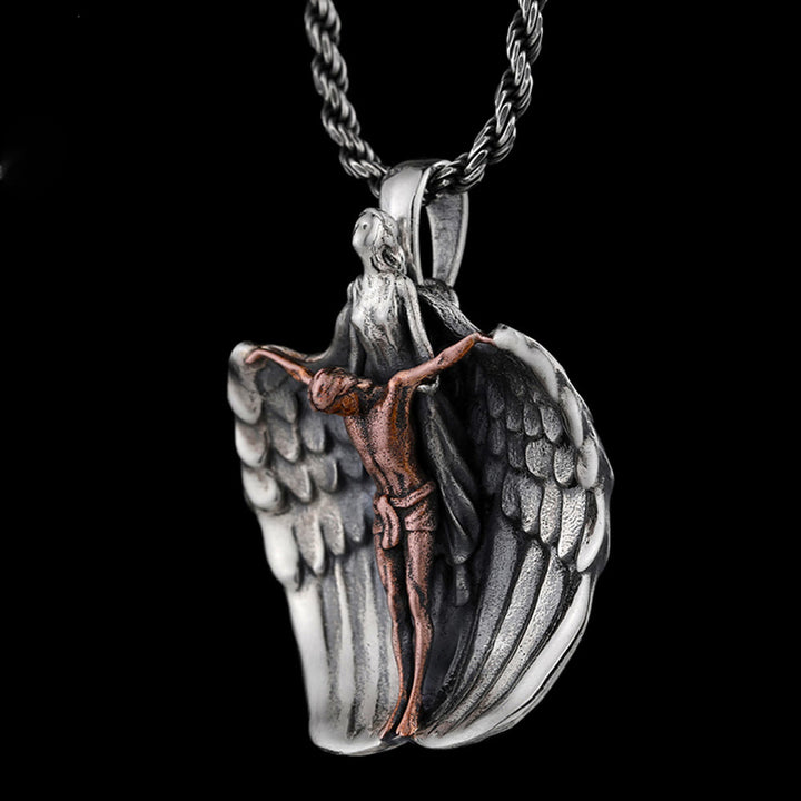 Christianartworkshop 925 Sterling Silver Crucifix with Angel Wings Vintage Necklace: Distinctive Emblem of Divine Grace - image 2