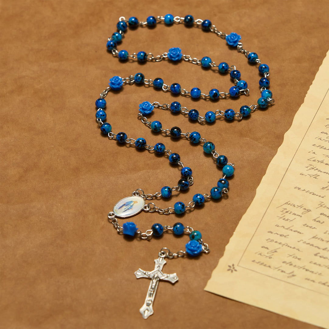 FREE Today: Royal Blue Stone Beads Rose of Miraculous Medal & Crucifix Prayer Rosary