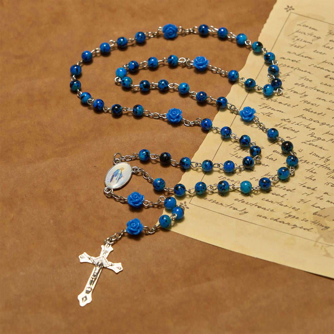 FREE Today: Royal Blue Stone Beads Rose of Miraculous Medal & Crucifix Prayer Rosary