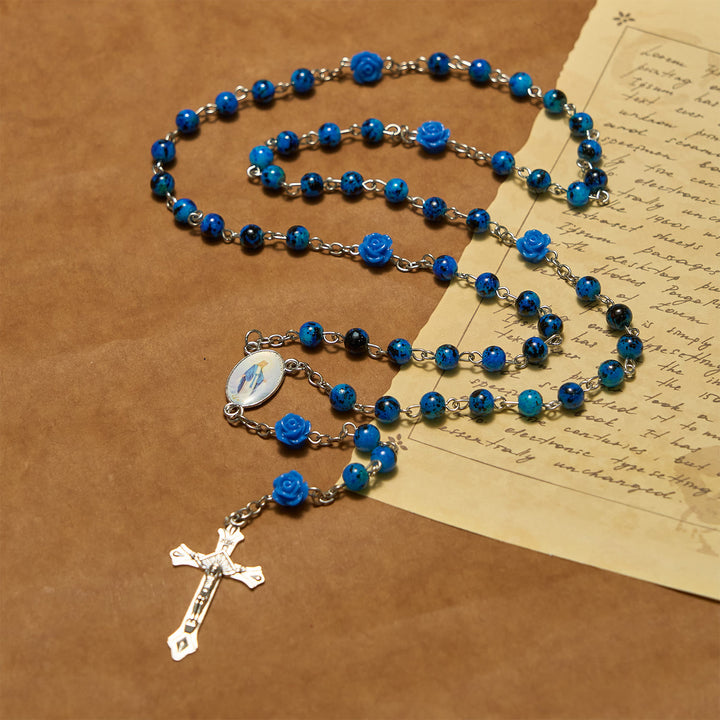 FREE Today: Royal Blue Stone Beads Rose of Miraculous Medal & Crucifix Prayer Rosary