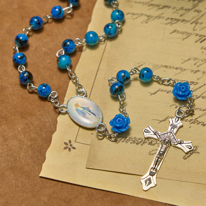 FREE Today: Royal Blue Stone Beads Rose of Miraculous Medal & Crucifix Prayer Rosary