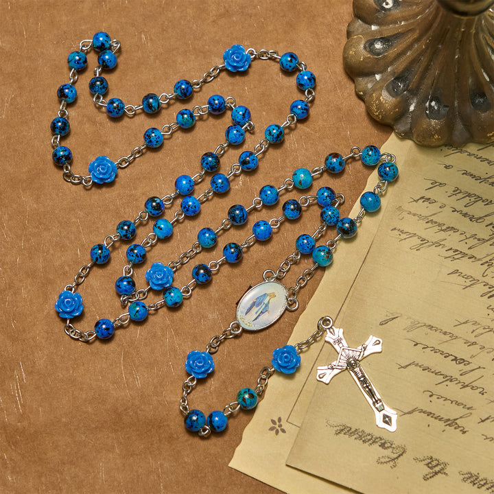 FREE Today: Royal Blue Stone Beads Rose of Miraculous Medal & Crucifix Prayer Rosary