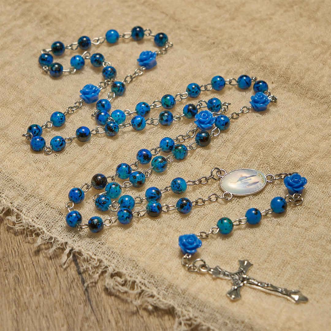 FREE Today: Royal Blue Stone Beads Rose of Miraculous Medal & Crucifix Prayer Rosary
