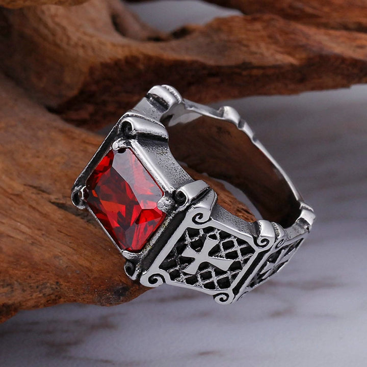Christianartworkshop Red & Black Gemstone Cross - Embellished Couple Ring: A Symbol of Faith and Style
