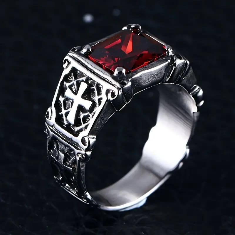 Christianartworkshop Red & Black Gemstone Cross - Embellished Couple Ring: A Symbol of Faith and Style