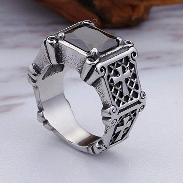 Christianartworkshop Red & Black Gemstone Cross - Embellished Couple Ring: A Symbol of Faith and Style