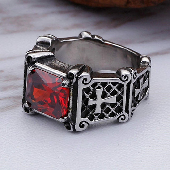 Christianartworkshop Red & Black Gemstone Cross - Embellished Couple Ring: A Symbol of Faith and Style