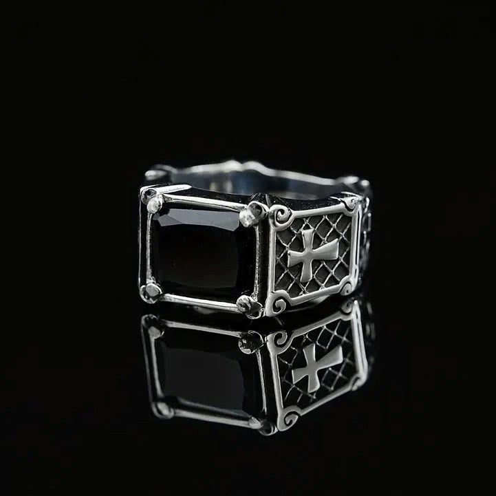 Christianartworkshop Red & Black Gemstone Cross - Embellished Couple Ring: A Symbol of Faith and Style