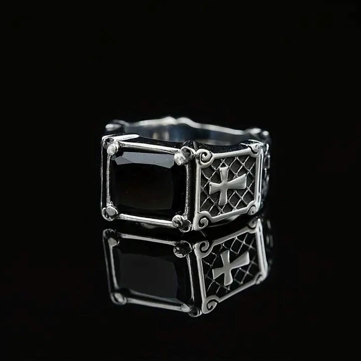 Christianartworkshop Red & Black Gemstone Cross - Embellished Couple Ring: A Symbol of Faith and Style