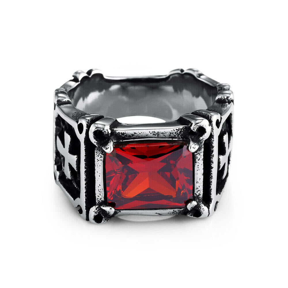 Christianartworkshop Red & Black Gemstone Cross - Embellished Couple Ring: A Symbol of Faith and Style