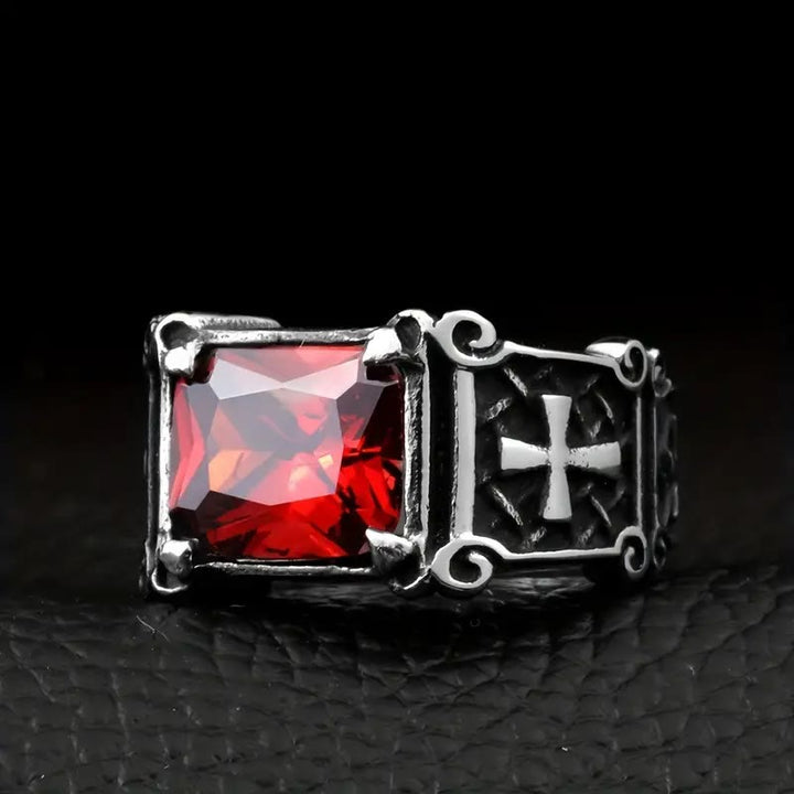 Christianartworkshop Red & Black Gemstone Cross - Embellished Couple Ring: A Symbol of Faith and Style