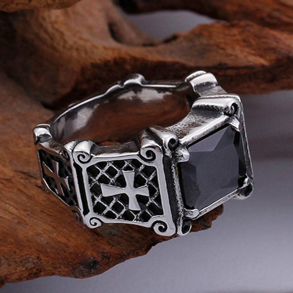 Christianartworkshop Red & Black Gemstone Cross - Embellished Couple Ring: A Symbol of Faith and Style - Black - US 14 - image 1