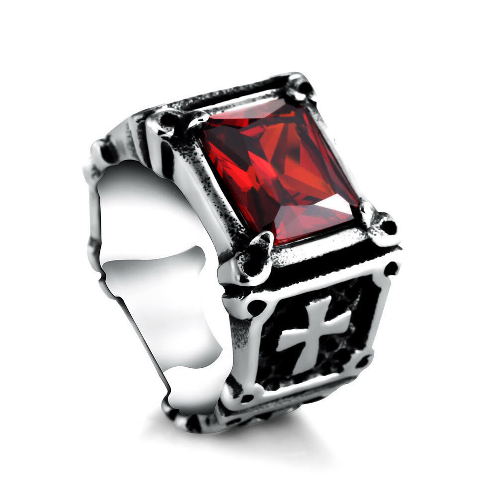 Christianartworkshop Red & Black Gemstone Cross - Embellished Couple Ring: A Symbol of Faith and Style