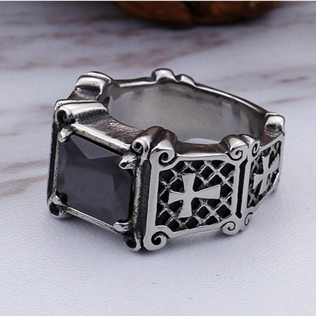 Christianartworkshop Red & Black Gemstone Cross - Embellished Couple Ring: A Symbol of Faith and Style