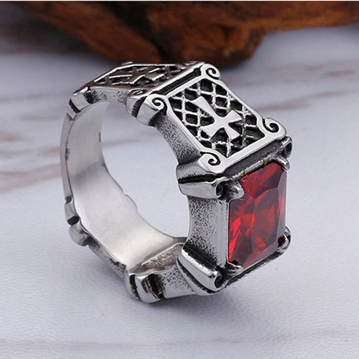 Christianartworkshop Red & Black Gemstone Cross - Embellished Couple Ring: A Symbol of Faith and Style