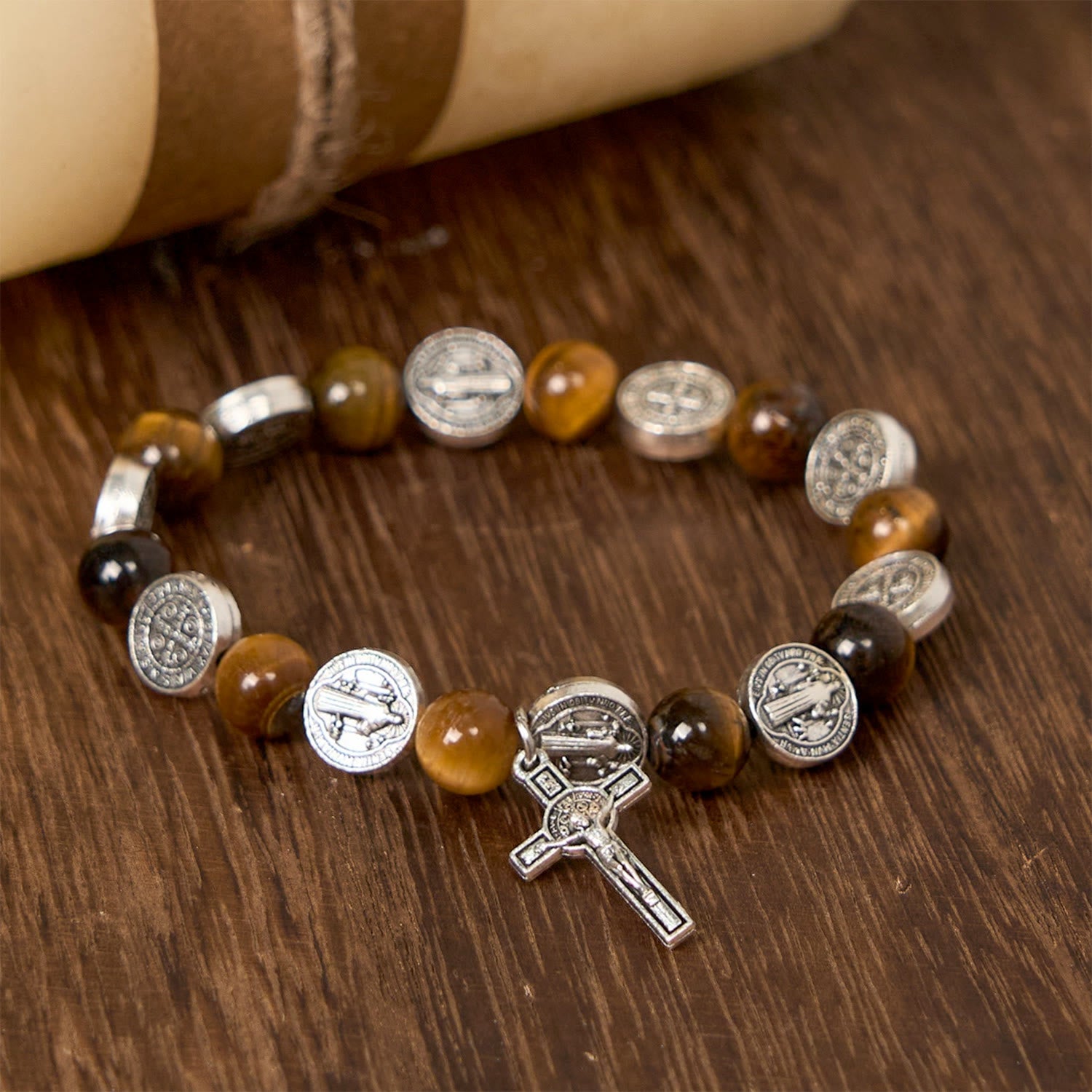 Christianartworkshop St. Benedict Symbol Tiger's Eye Bracelet: A