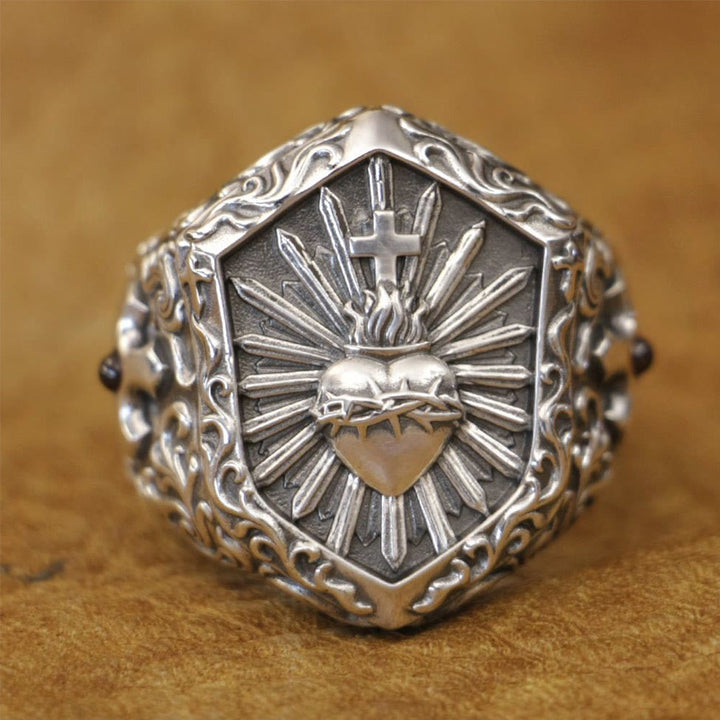 Christianartworkshop Vintage 925 Sterling Silver Thorned Heart Cross Ring: A Treasured Token of Spiritual Love - US 15 - image 0