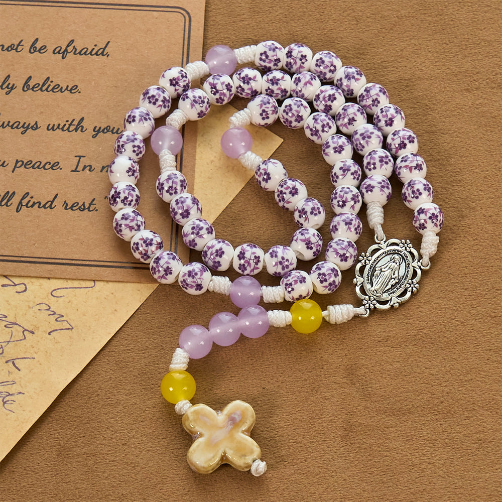 Christianartworkshop Miraculous Medal & Cross of 8mm Flower Ceramic Beads Handmade Rosary for Holy Prayer - image 2