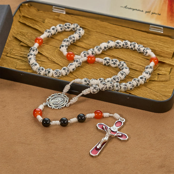 Christianartworkshop Miraculous Medal & Crucifix of 8mm Flower Ceramic Beads Handmade Rosary——Divine Protection Rosary - image 3