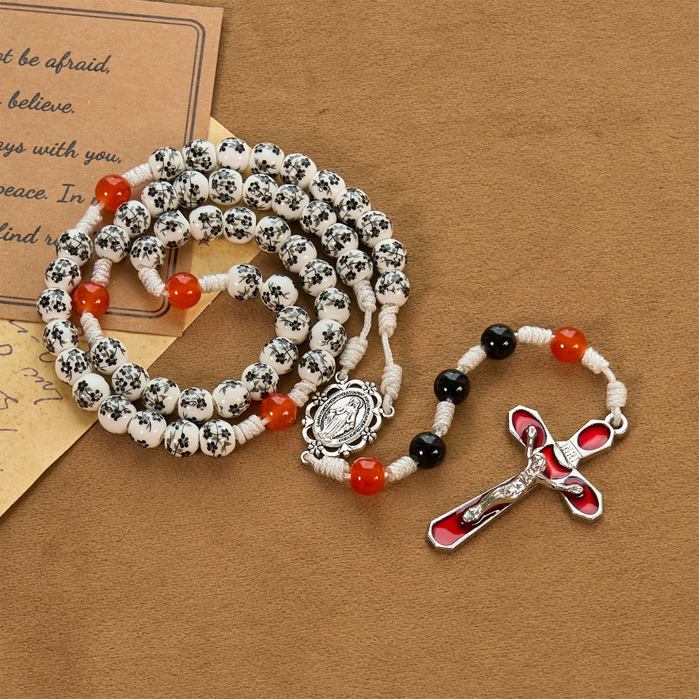 Christianartworkshop Miraculous Medal & Crucifix of 8mm Flower Ceramic Beads Handmade Rosary——Divine Protection Rosary - image 2