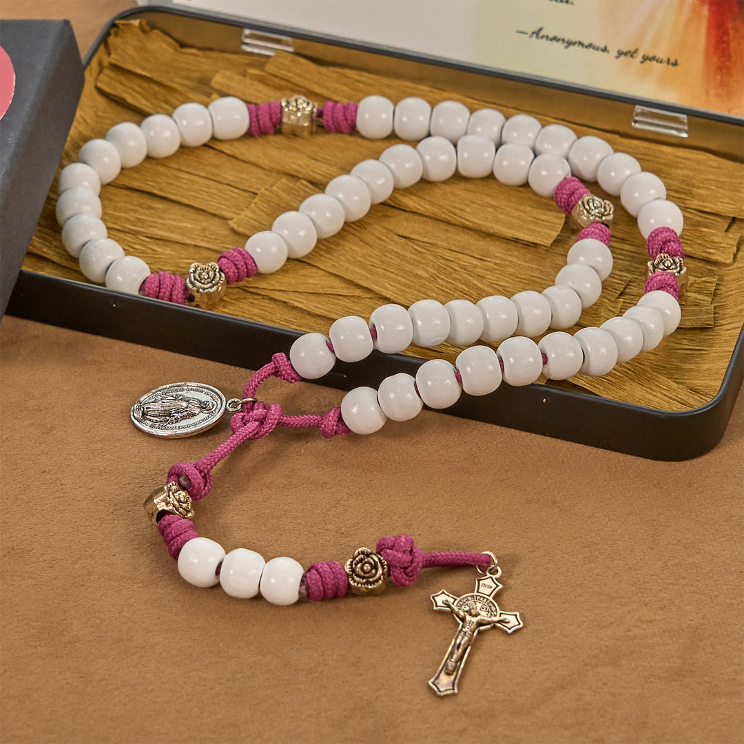 FREE Today: Grace - Infused Rosary: Handmade White Bead Rosary with Mary's Medal and Floral Accents - image 4