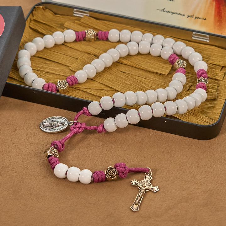 FREE Today: Grace - Infused Rosary: Handmade White Bead Rosary with Mary's Medal and Floral Accents - image 4