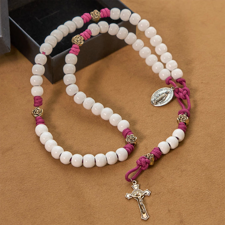 FREE Today: Grace - Infused Rosary: Handmade White Bead Rosary with Mary's Medal and Floral Accents - image 3