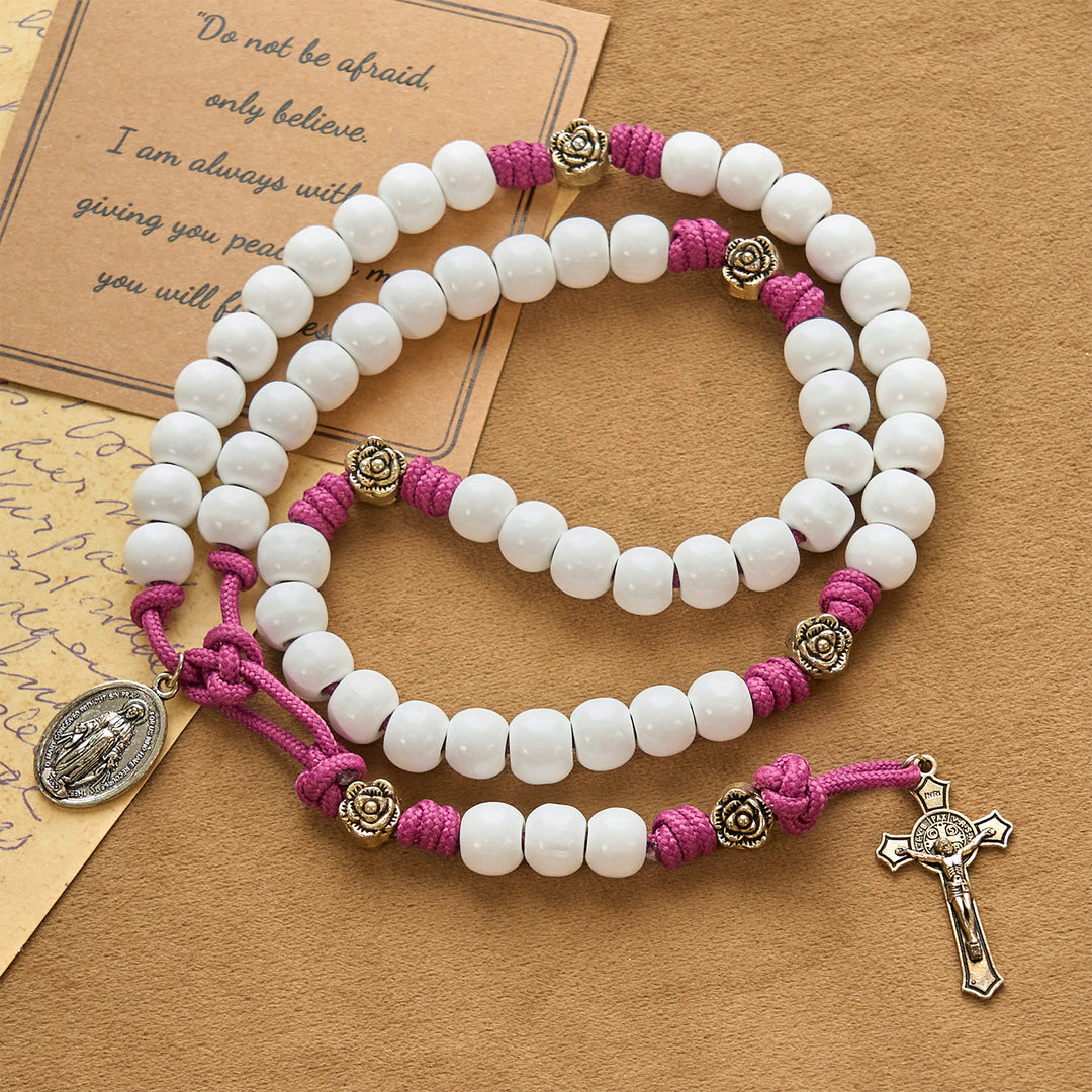 Christianartworkshop Grace - Infused Rosary: Handmade White Bead Rosary with Mary's Medal and Floral Accents - Miraculous Medal & Cross - image 1