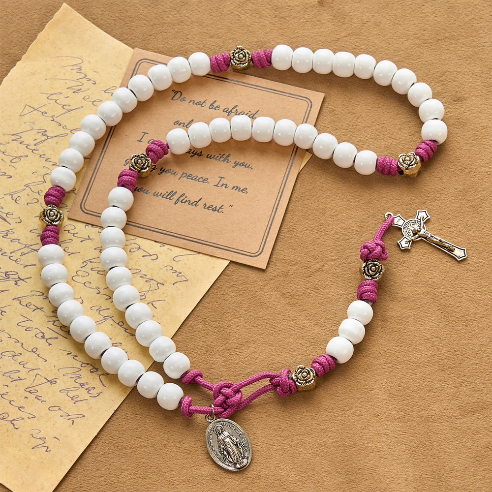 Christianartworkshop Grace - Infused Rosary: Handmade White Bead Rosary with Mary's Medal and Floral Accents - image 2