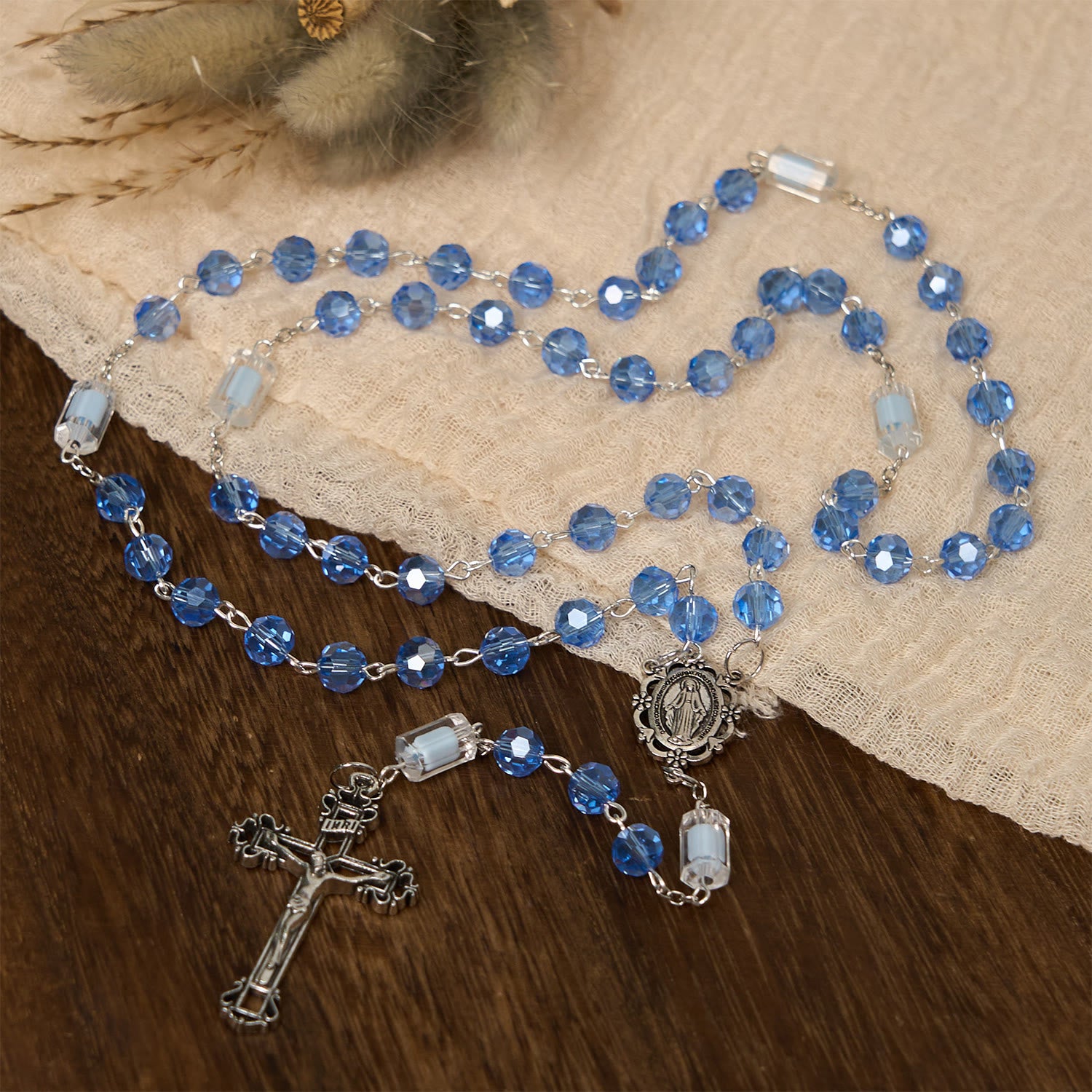 Christianartworkshop Handmade Blue Crystal Rosary with Our Lady
