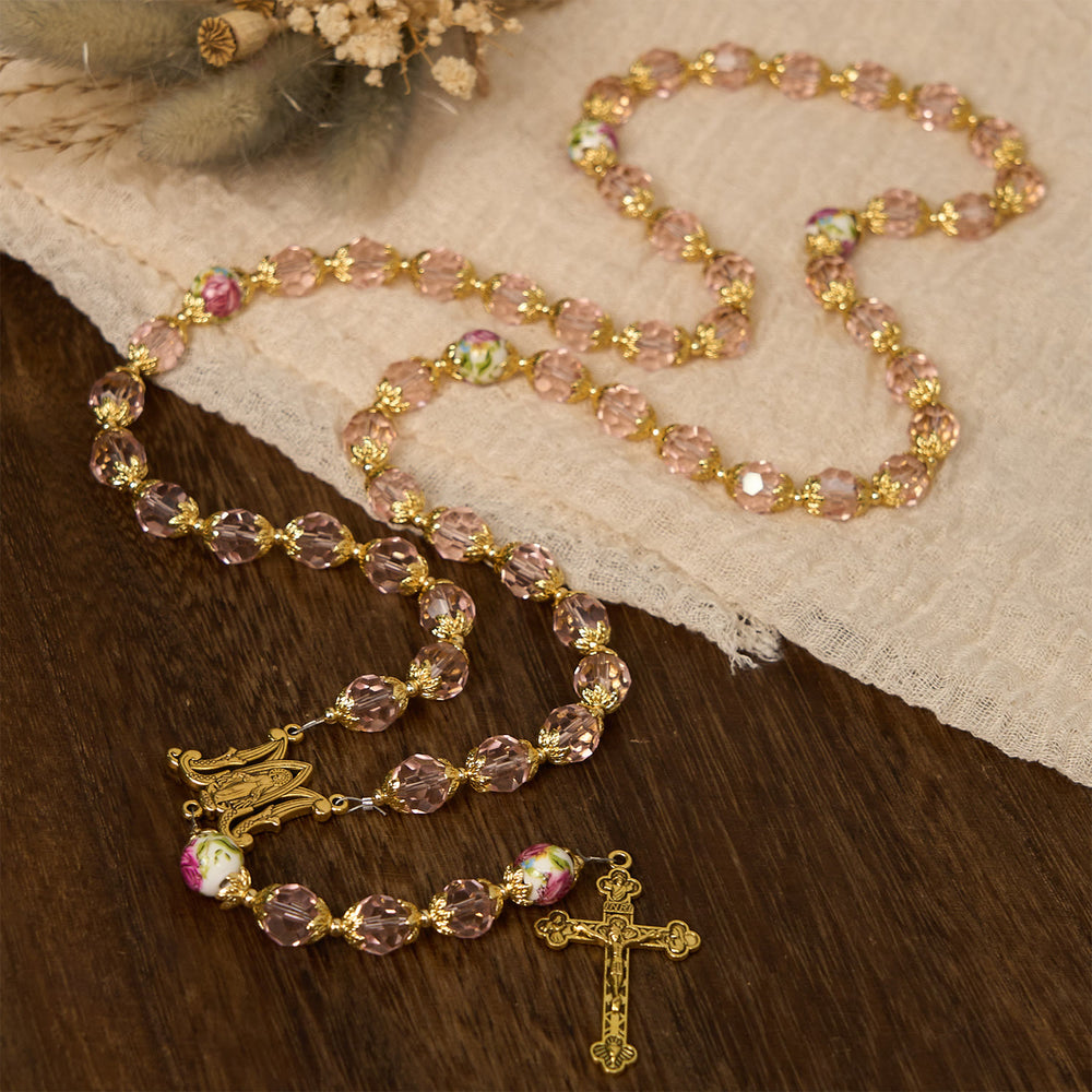 Christianartworkshop Pink Crystal Beads with Golden Alloy Chain Crucifix & Virgin Mary Prayer Rosary - image 1