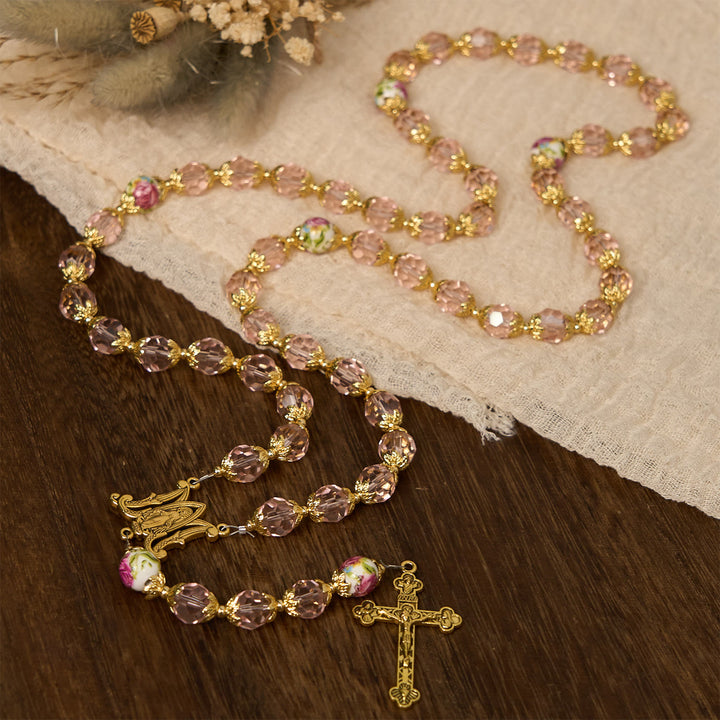 Christianartworkshop Pink Crystal Beads with Golden Alloy Chain Crucifix & Virgin Mary Prayer Rosary - image 1