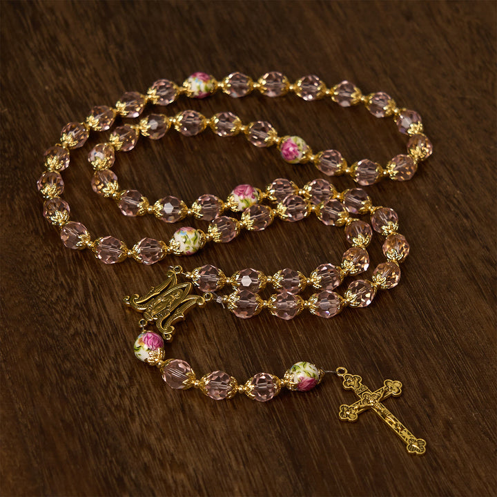 Christianartworkshop Jesus Is The Gift: Pink Crystal Beads Crucifix & Virgin Mary Rosary with Gift Card - image 4